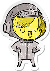 distressed sticker of a cartoon astronaut woman