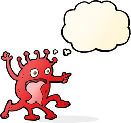 cartoon weird little alien with thought bubble