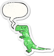 cartoon dinosaur with speech bubble distressed distressed old sticker