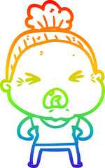 rainbow gradient line drawing of a cartoon angry old woman