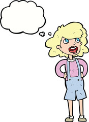 cartoon woman in dungarees with thought bubble