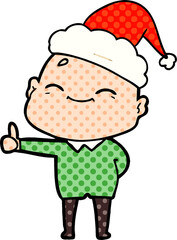 happy hand drawn comic book style illustration of a bald man wearing santa hat