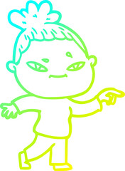 cold gradient line drawing of a cartoon woman