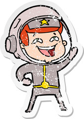 distressed sticker of a cartoon laughing astronaut