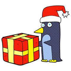 freehand drawn cartoon christmas penguin with present