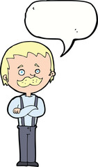 cartoon man with mustache with speech bubble
