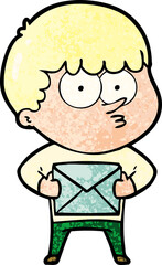 cartoon curious boy carrying a gift