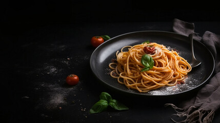 spaghetti with sauce and basil