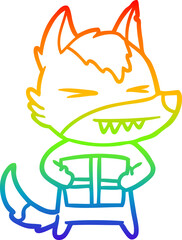 rainbow gradient line drawing of a angry christmas wolf cartoon