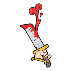 freehand textured cartoon hand with bloody dagger