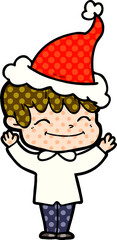 hand drawn comic book style illustration of a happy boy wearing santa hat