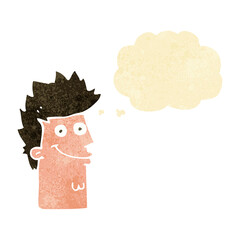 cartoon happy man face with thought bubble