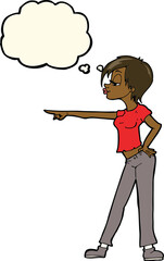 cartoon hip woman pointing with thought bubble