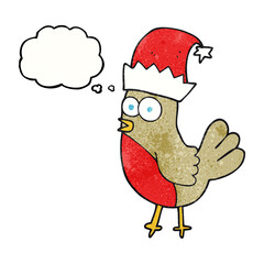 freehand drawn thought bubble textured cartoon robin in christmas hat