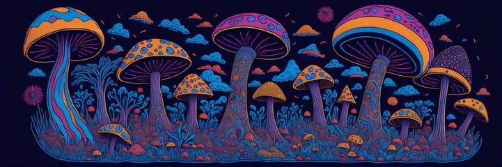 Psychedelic Art and Abstract Illustration of a Mushroom Fantasy World created with Generative AI