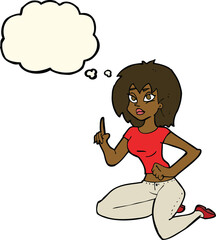 cartoon sitting woman with idea with thought bubble