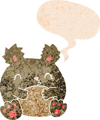 cartoon bear with speech bubble in grunge distressed retro textured style