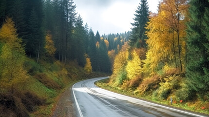 Fototapeta premium Asphalt road in the autumn forest in the mountains, generative AI.