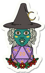 sticker of a half orc witch with natural twenty dice roll