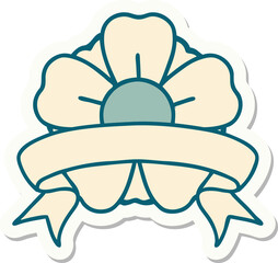 tattoo style sticker with banner of a flower
