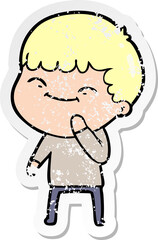 distressed sticker of a cartoon happy boy