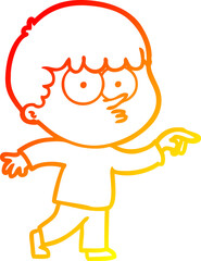 warm gradient line drawing of a cartoon curious boy