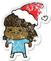 hand drawn distressed sticker cartoon of a woman wearing santa hat