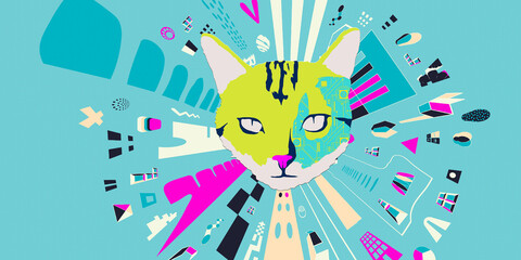Obraz premium Contemporary digital collage art. Modern anti-design. Stylish kitty head and abstract geometry background