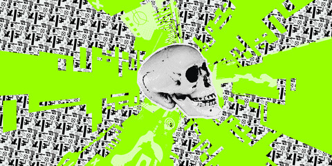 Contemporary digital collage art. Modern trippy design. Skull and geometry abstraction