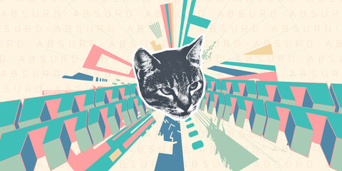 Contemporary digital collage art. Modern anti-design. Stylish kitty head and abstract geometry background © Porechenskaya