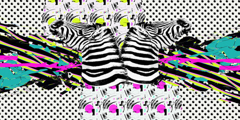 Contemporary digital collage art. Modern trippy design. Zebra and abstract creative background