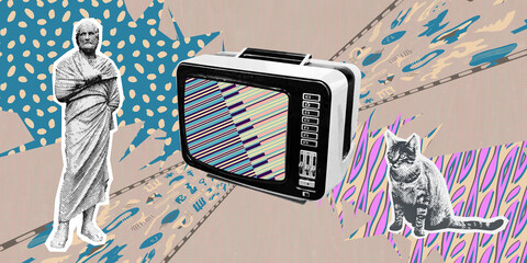 Contemporary digital collage art. Antique statue, tv, kitty and geometry abstract design