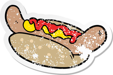 distressed sticker of a cartoon hot dog