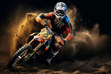 Extreme Motocross MX Rider riding on dirt track  Generative AI - obrazy, fototapety, plakaty