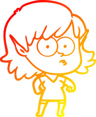 warm gradient line drawing of a cartoon elf girl staring