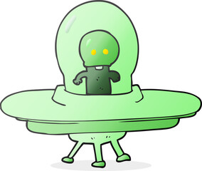 freehand drawn cartoon alien in flying saucer