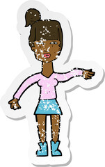 retro distressed sticker of a cartoon woman making dismissive gesture