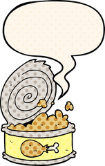 cartoon canned food with speech bubble in comic book style