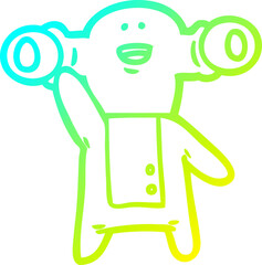 cold gradient line drawing of a friendly cartoon alien waving