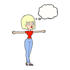 freehand drawn thought bubble cartoon woman spreading arms