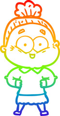 rainbow gradient line drawing of a cartoon happy old woman