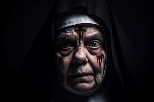 Close up portrait of a evil nun woman isolated on black background, splatter horror, halloween, generative ai