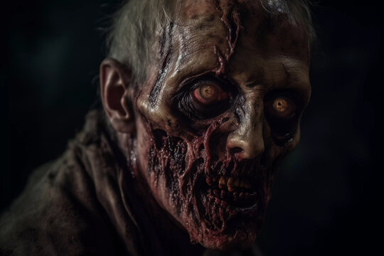 Close up portrait of evil zombie male isolated on black background, splatter horror, generative ai