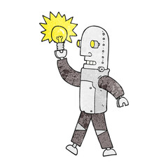 freehand textured cartoon robot with light bulb
