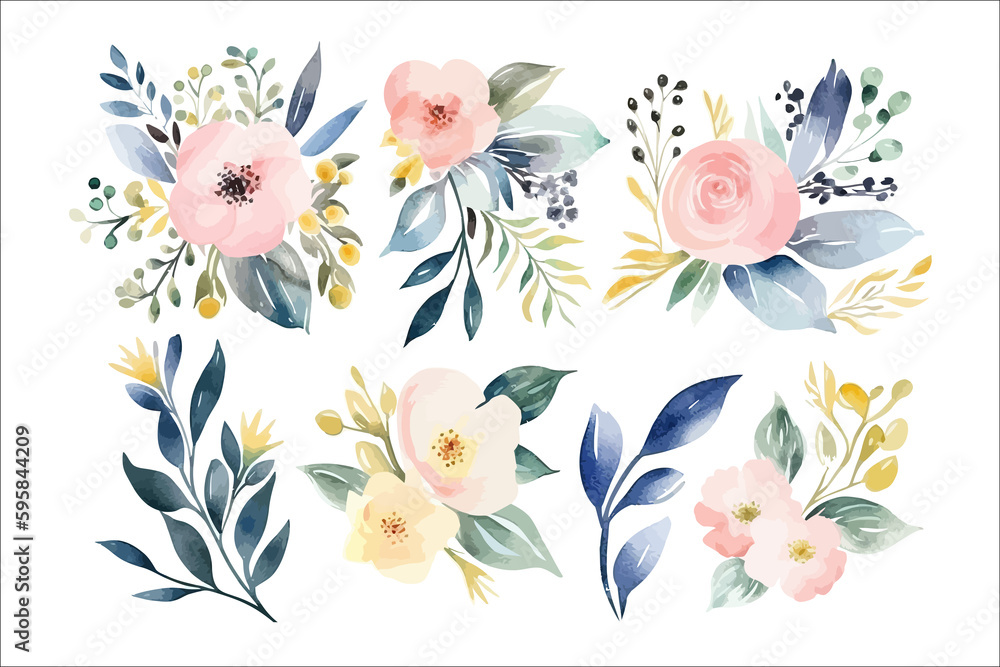 Poster Watercolor floral bouquet illustration set - blush pink blue yellow flower green leaf leaves. Generative AI