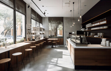Fototapeta premium Empty cafe or bar interior, daytime, illustration, post processed AI generated image.