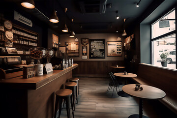 Empty cafe or bar interior, daytime, illustration, post processed AI generated image.