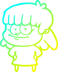cold gradient line drawing of a cartoon smiling woman
