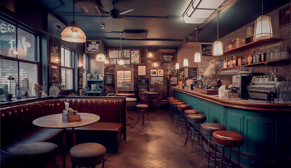 Empty cafe or bar interior, daytime, illustration, post processed AI generated image.