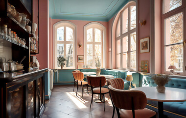 Fototapeta na wymiar Empty cafe or bar interior, daytime, illustration, post processed AI generated image.